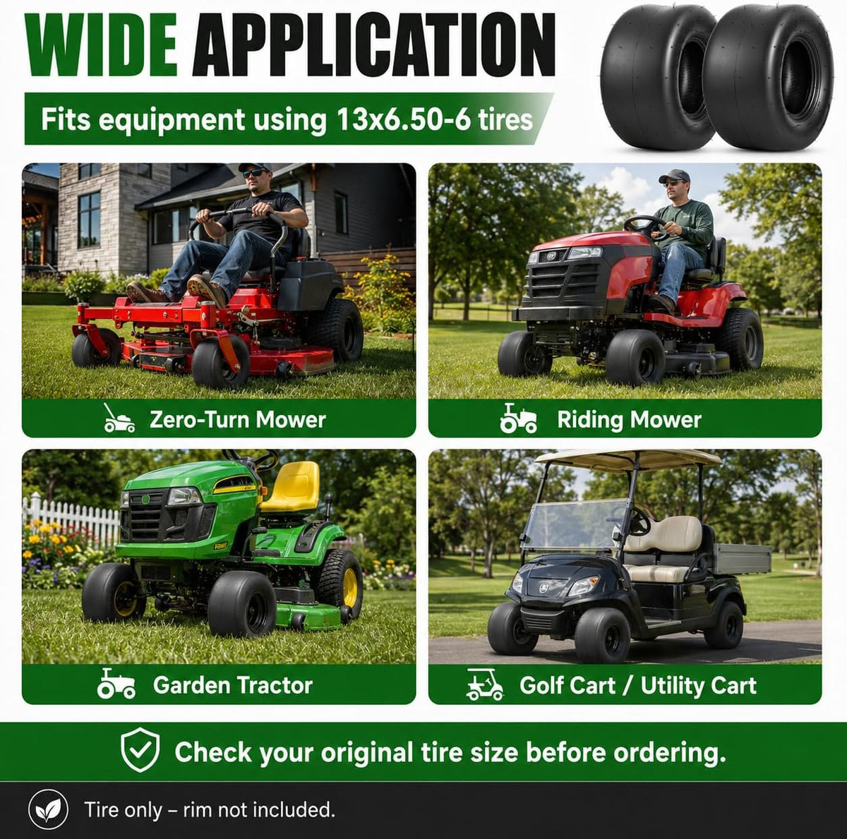 13x6.50-6 Lawn Mower Tires, Smooth 4PR Tubeless, Set of 2 | 13x6.5-6 for zero-turn mowers, garden tractors, golf