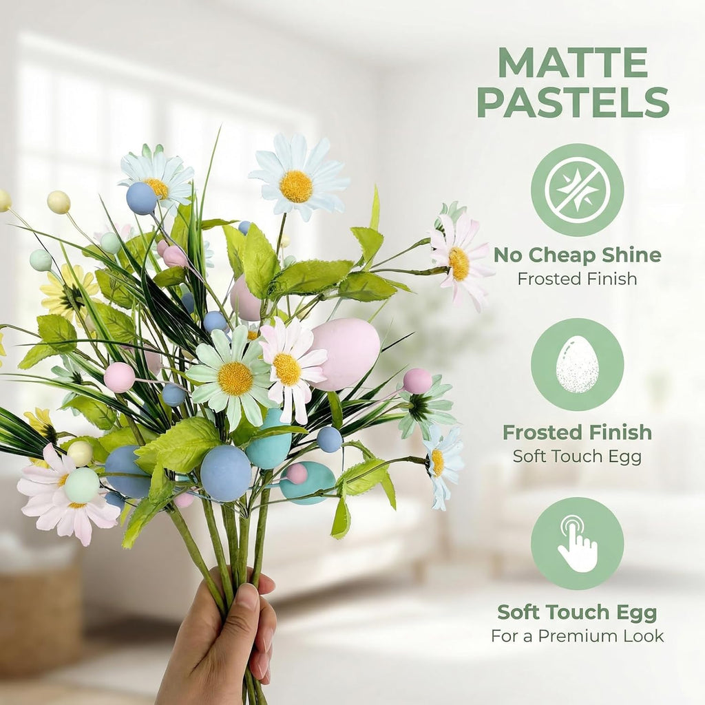 Easter Artificial Flowers with Eggs, 6 Pcs Spring Floral Arrangement | Includes Wildflowers Stems, Silk Daisies &