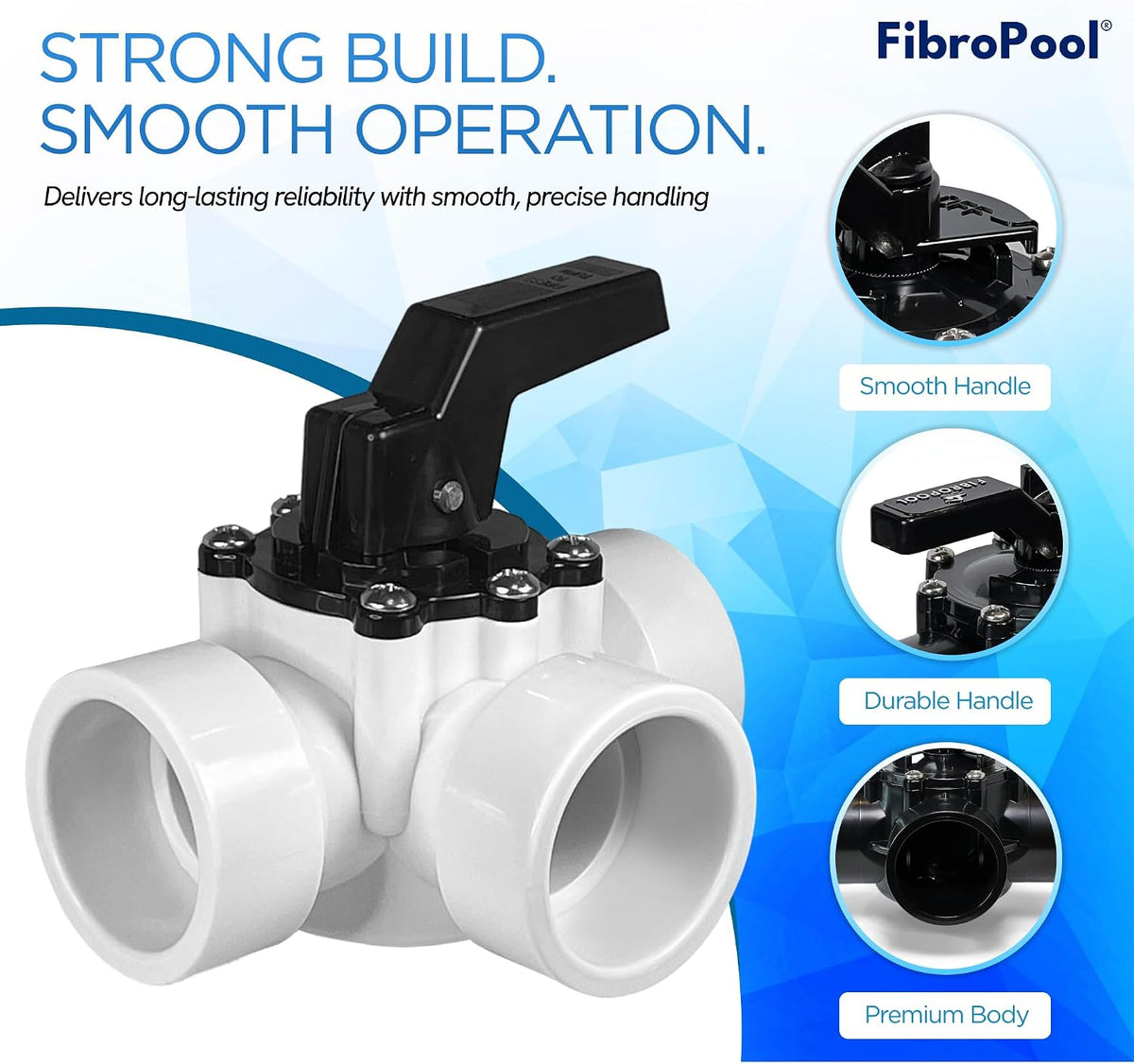 FibroPool 3-Way Diverter Valve - Slip Fit Locking Handle - 1.5 in - PVC