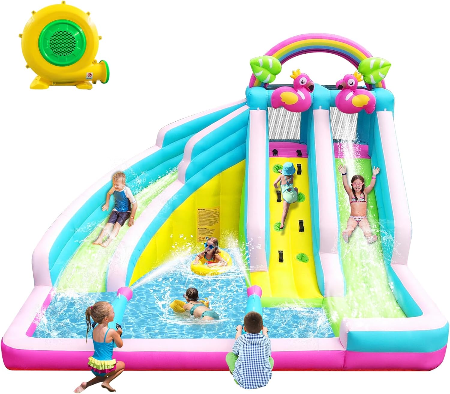 Inflatable Water Slide, 6 in 1 Blow Up Water Park Aged 3-10, Flamingo Style Water Bounce House with Double Long