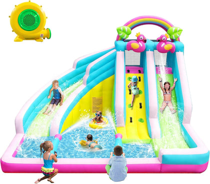 Inflatable Water Slide, 6 in 1 Blow Up Water Park Aged 3-10, Flamingo Style Water Bounce House with Double Long