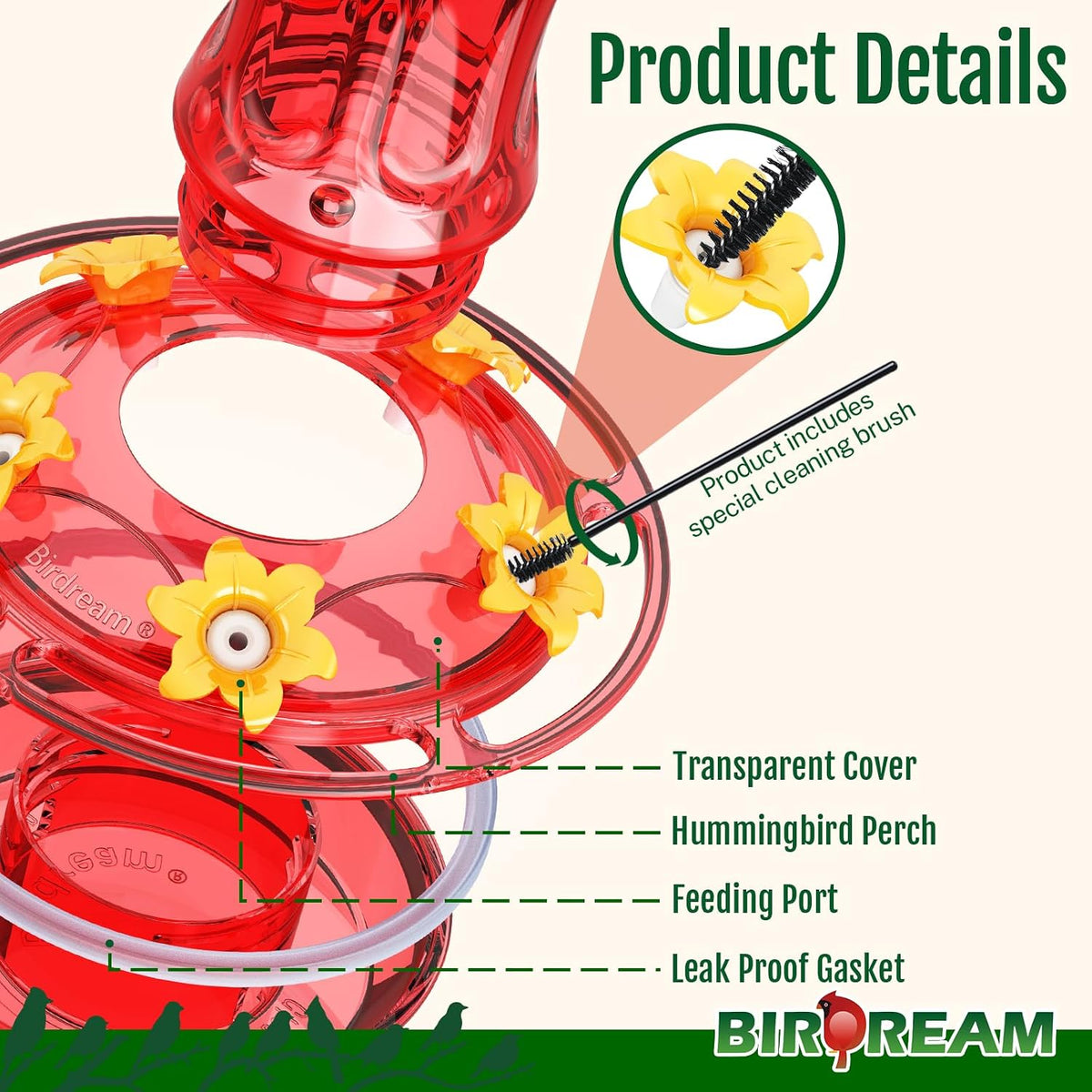 Glass Hummingbird Feeders, 18oz Large Capacity, Red