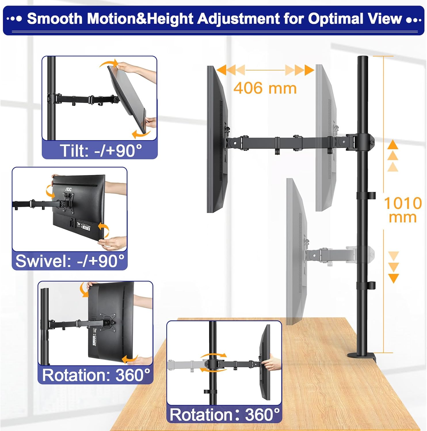 Single Monitor Arm with 39 inch Extra-Tall Pole, Adjustable Computer Desk Mount for 13–32 inch Screens and up to 38