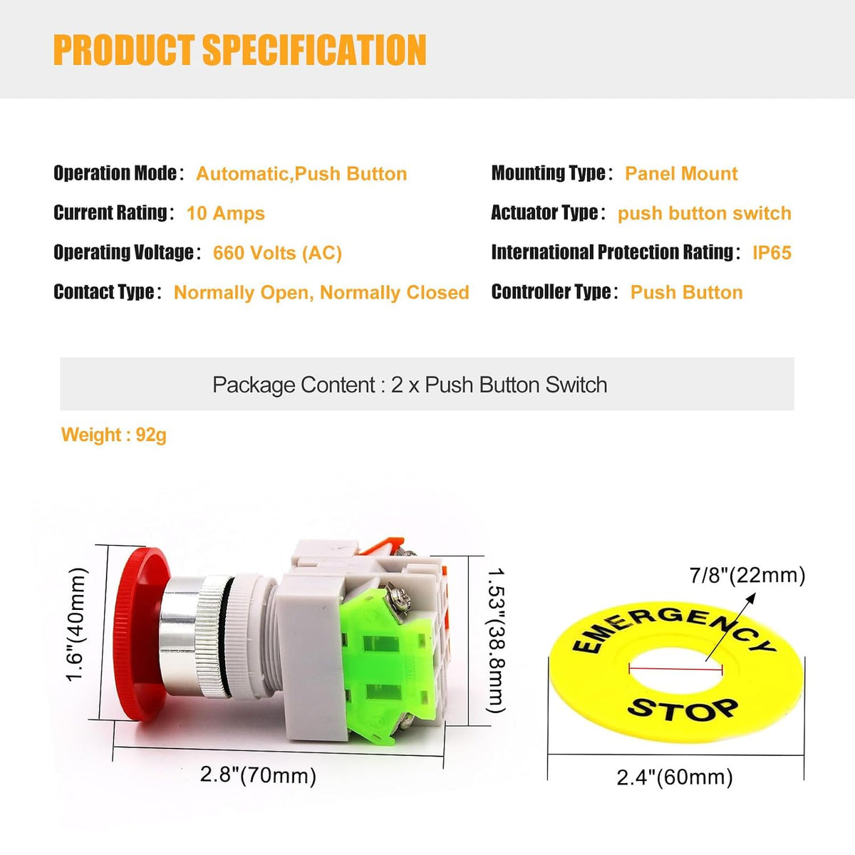 22mm Emergency Stop Push Button Switch Red Mushroom Cap E-Stop Push Button Switch with 60mm Emergency Stop Sign 1NO 1NC DPST AC 660V 10A Self Lock (2PCS)