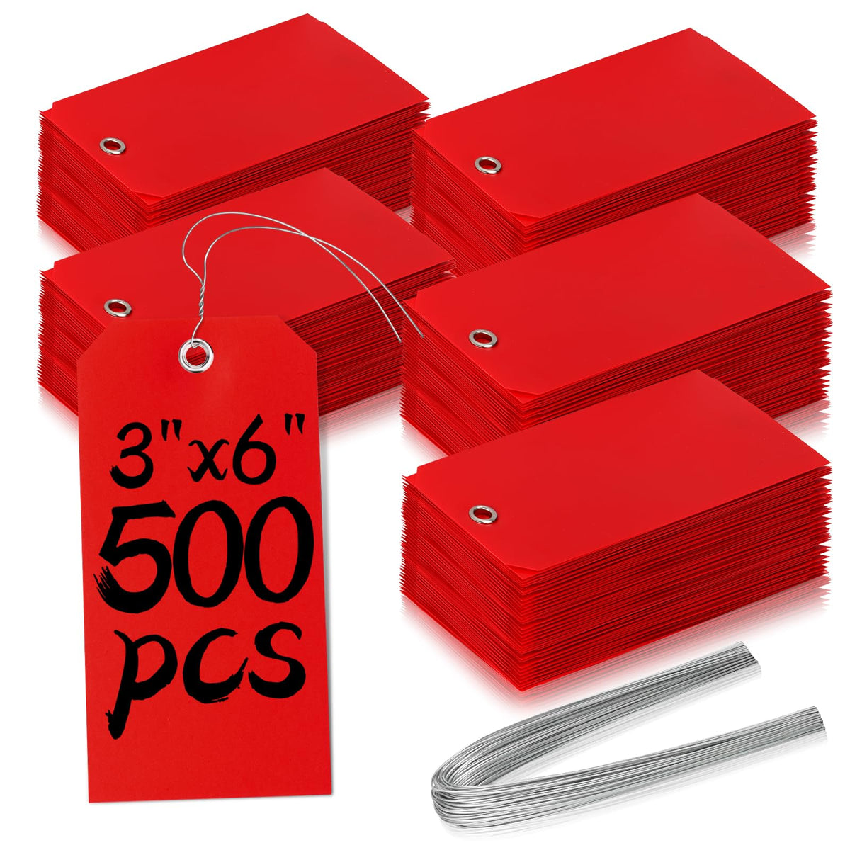 500 Plastic Shipping Tags with Wire - Waterproof Heavy Duty Labels with String Wires - Red, 3x6