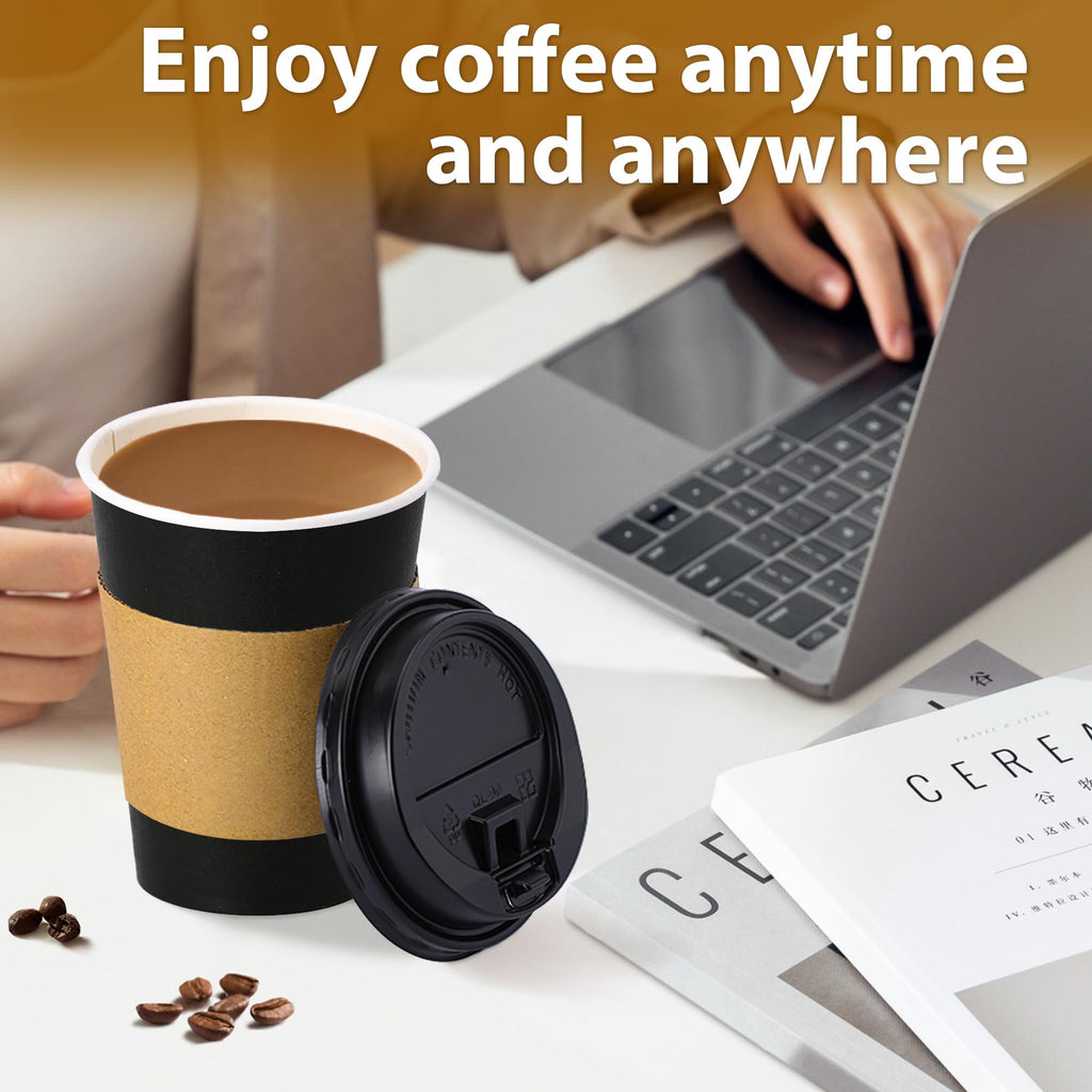 500 Pack 12 oz Disposable Coffee Cups with Lids and Sleeves(Black)
