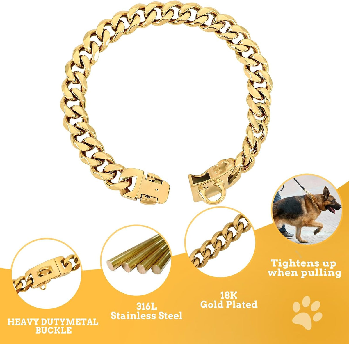19mm Gold Chain Dog Collar,Luxurious Cuban Link Dog Collar