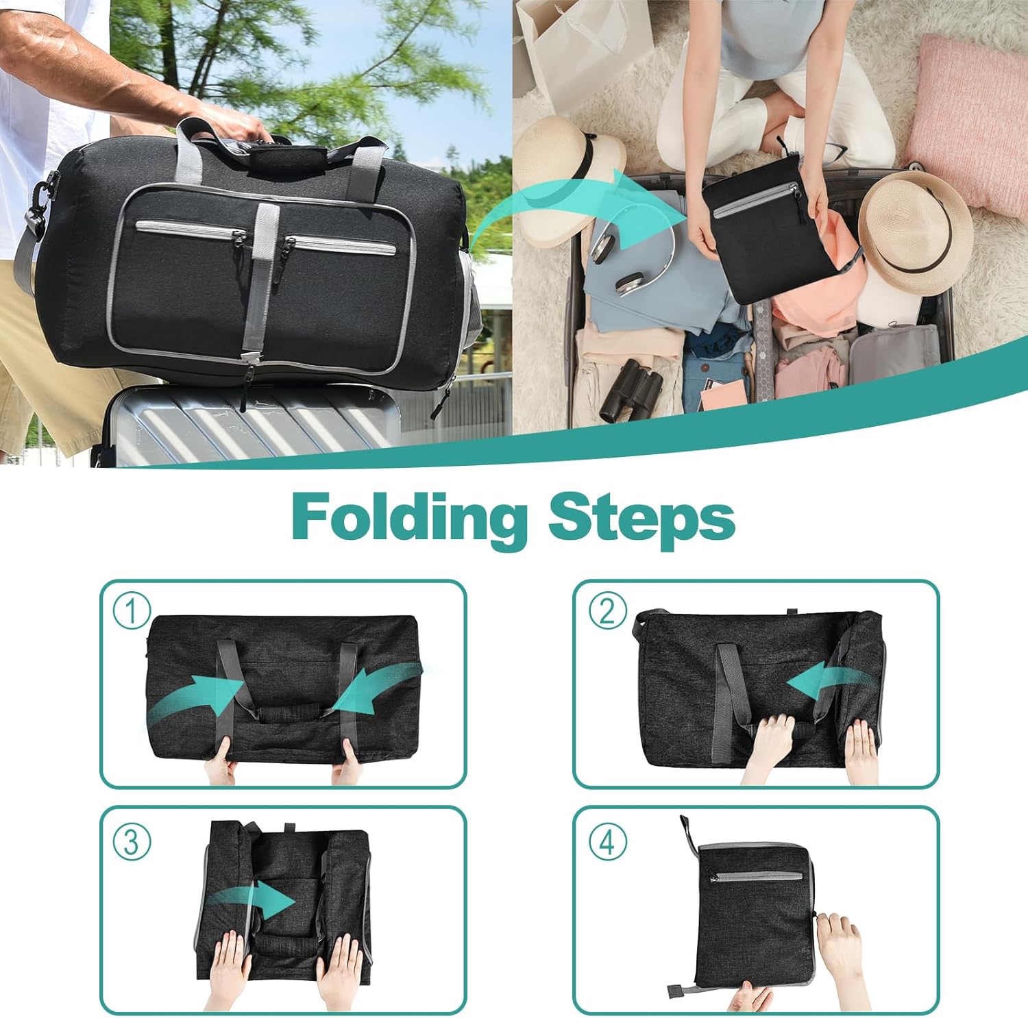 40L Travel Duffle Bag for Men Women - Foldable Duffel Bag with Shoes Compartment - Overnight Bags Waterproof & Tear