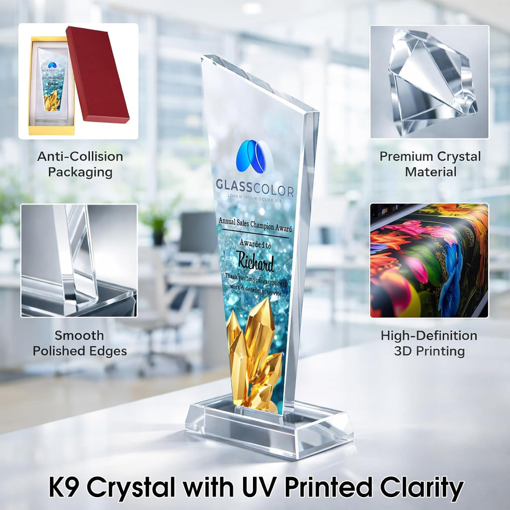 Custom Crystal Trophy Award with Logo Photo Text for Employee Recognition | Personalized Crystal Award For Corporate