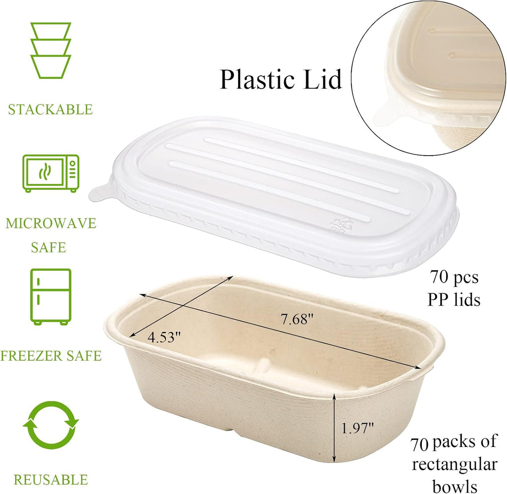70 Pack Compostable Take Out Food Containers with PP Lid, 23 Oz Bagasse to Go Containers Rectangular Disposable Paper