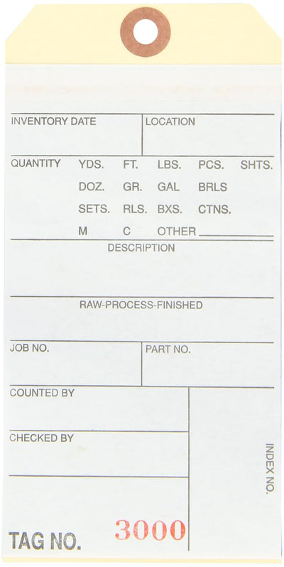 Inventory Tags with Printed Carbon Top Sheet #8 6 1/4" x 3 1/8", Consecutively Numbered Series (3000-3499), White/Manila