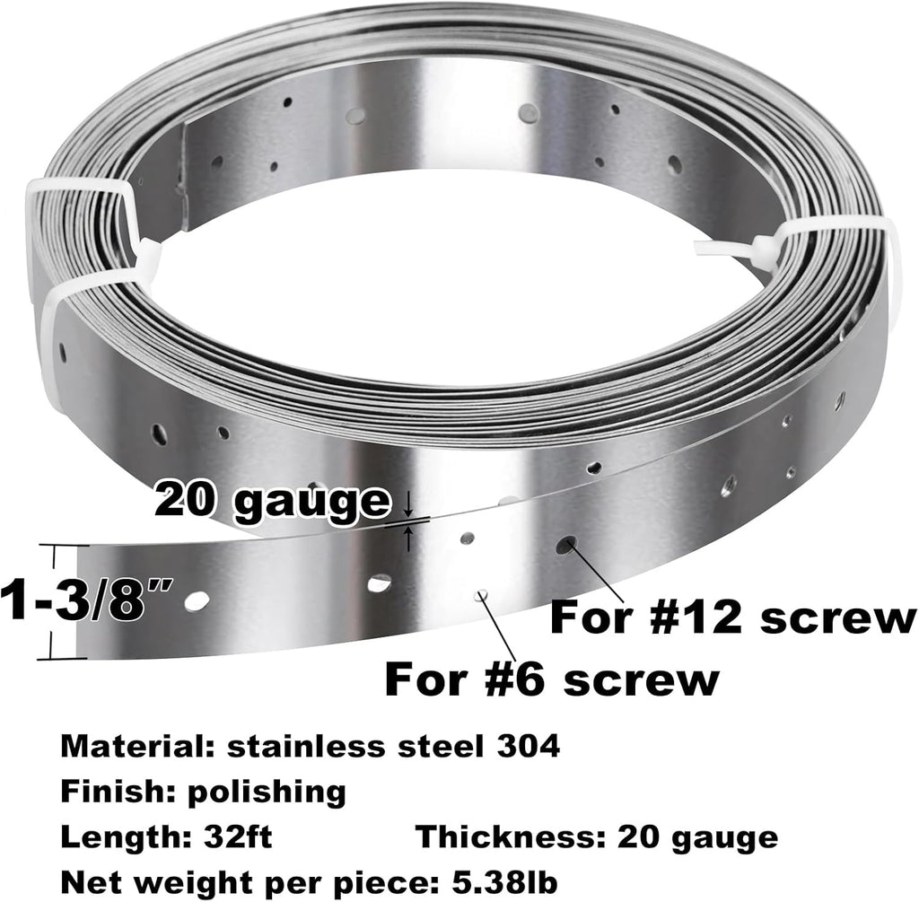 32ft x 1-3/8"Width Stainless Steel Strapping,Perforated Tie Strap