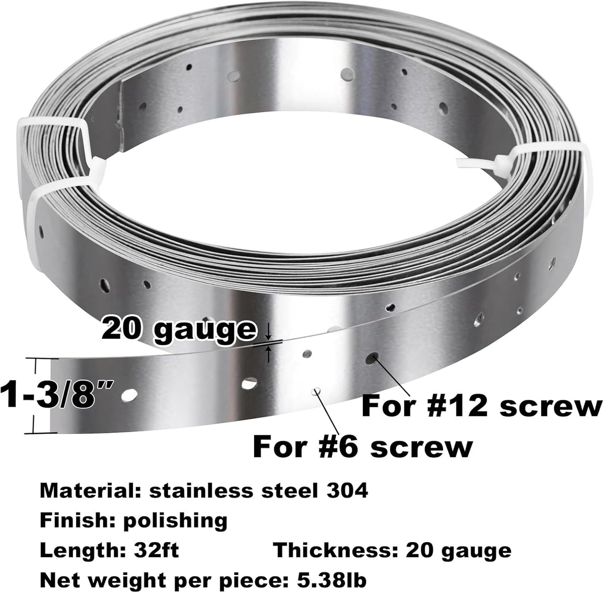 32ft x 1-3/8"Width Stainless Steel Strapping,Perforated Tie Strap