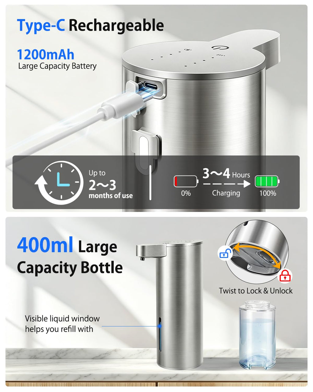 Touchless Automatic Liquid Soap Dispenser, Stainless Steel, Rechargeable