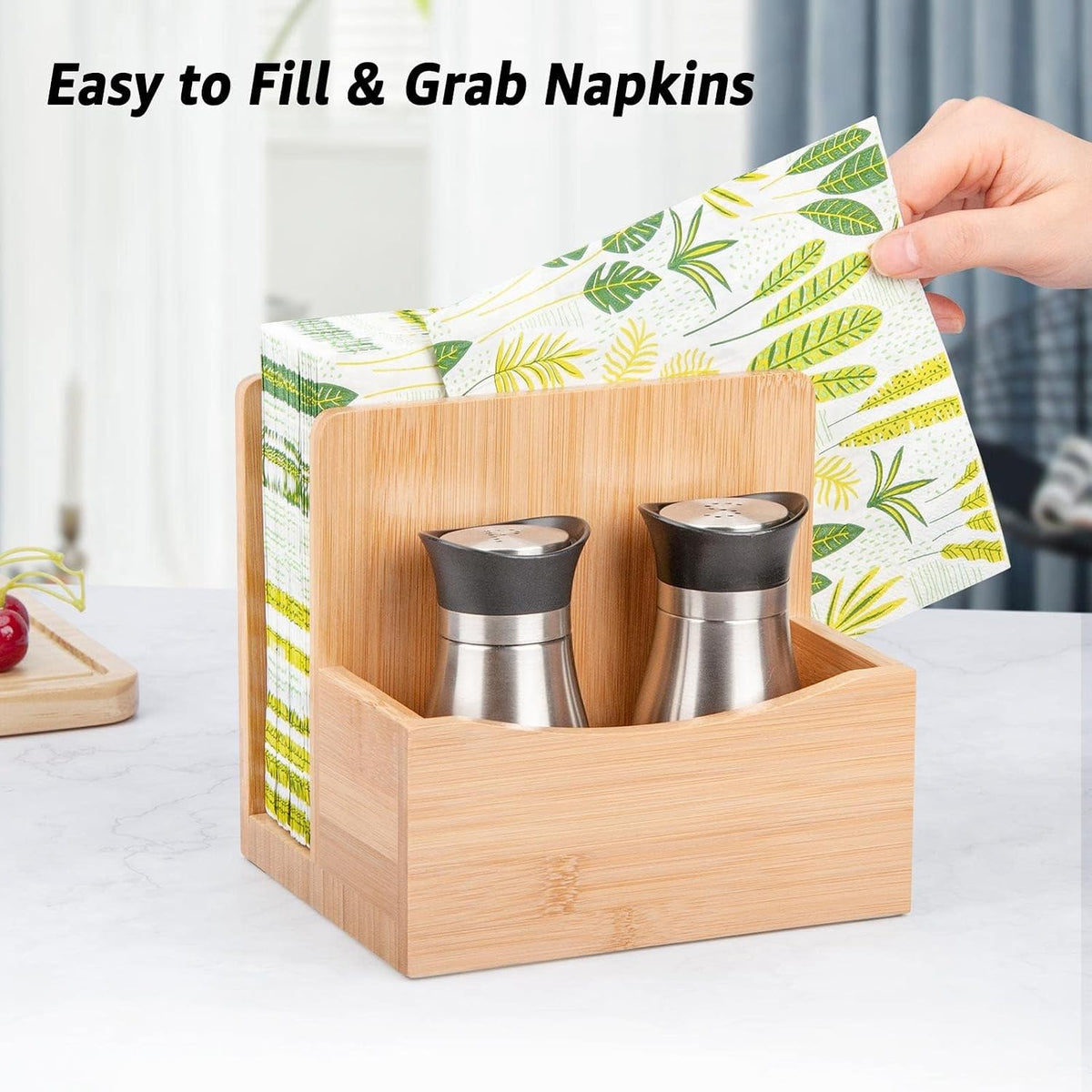Bamboo Salt Pepper Napkin Holder for Kitchen Dining Table
