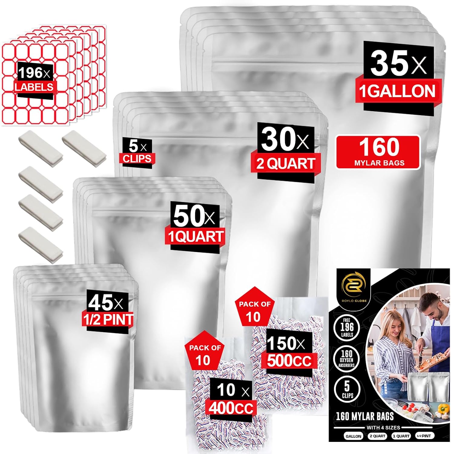160 Mylar Bags with 160 Oxygen Absorbers-196 Labels & Stand-Up Reusable | 4 Sizes Smell Proof Airtight Resealable