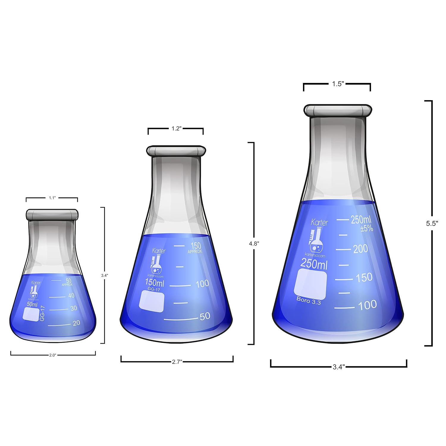 Beaker, Flask, Cylinder Set, 3.3 Boro. Glass - 9 Pieces - Beaker Set, Flask Set, and Graduated Cylinder Set, Karter