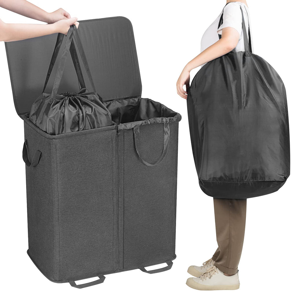 Double Laundry Hamper with Lid, Removable Laundry Bags, Black