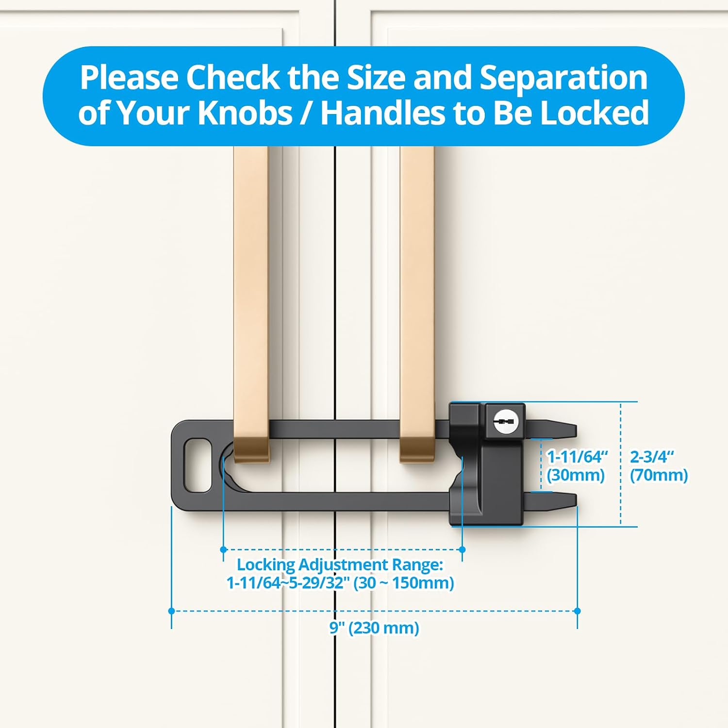 Keyed Cabinet Lock, 2 Locks 4 Keys, Key Alike, Childproof Drawer Latch | Metal lock to lockout double knobs and