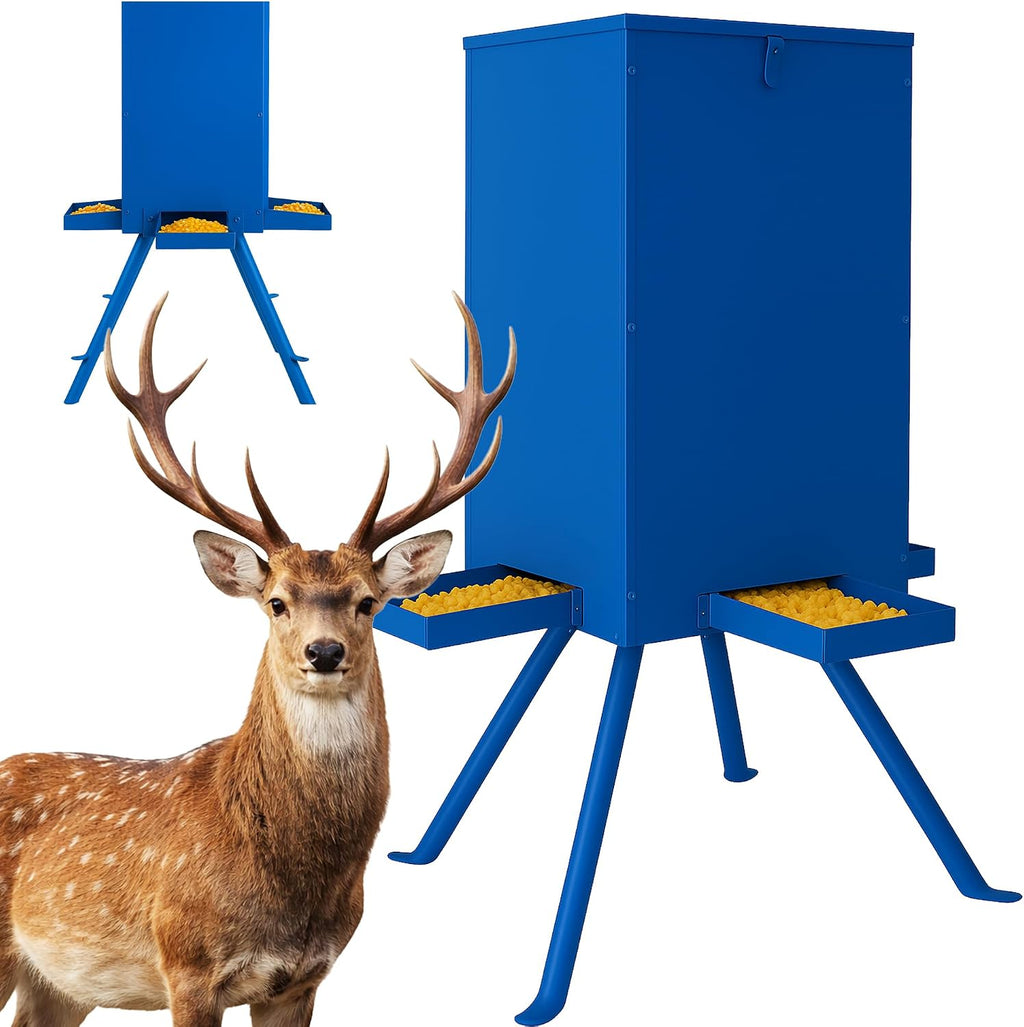 Deer Feeder 60-70 lbs, Weatherproof Deer Feeders, Heavy Duty Metal Gravity Deer Feeder with 4 Feeding Tray and 4-Leg