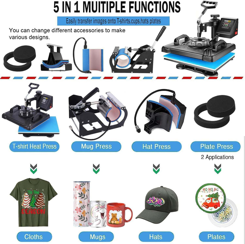 Professional 5 in 1 Heat Press Machine for t Shirts Digital Heat Press Combo 12" x 15" 360-degree Swing Aweay Shirt