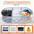 Durable Collapsible Foldable Pop Up Laundry Hamper, Sturdy 3 Compartments, Handy Pocket & Easy to Sort Clothes