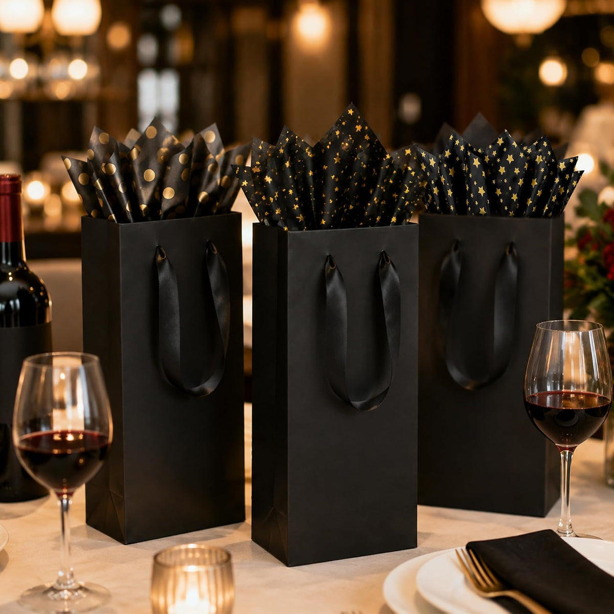 6 PCS Black Wine Gift Bag 5 "x 4" x 13 "Loose Wine Bottle Gift Bag