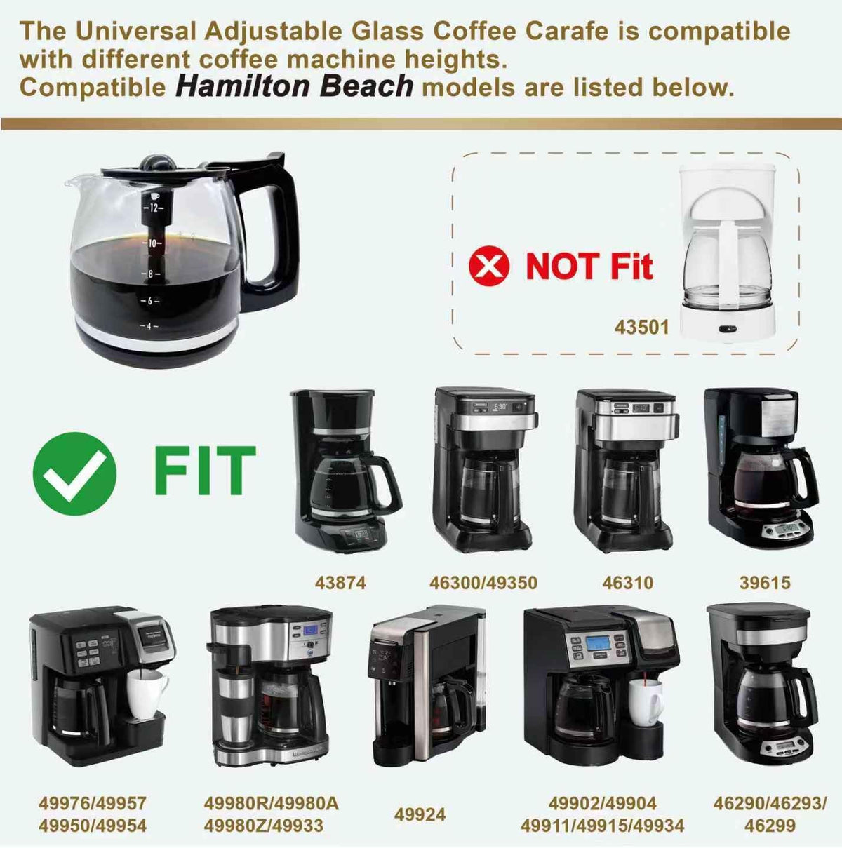 Universal 12-Cup Glass Replacement Coffee Carafe, Compatible with Multiple Coffee Maker Brands, Black Handle