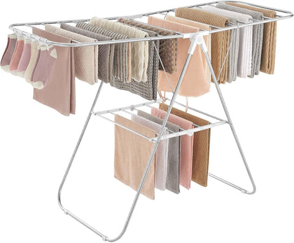 Clothes Drying Rack, with Sock Clips, Metal Laundry Rack, Foldable, Space-Saving, Free-Standing Airer, with 2