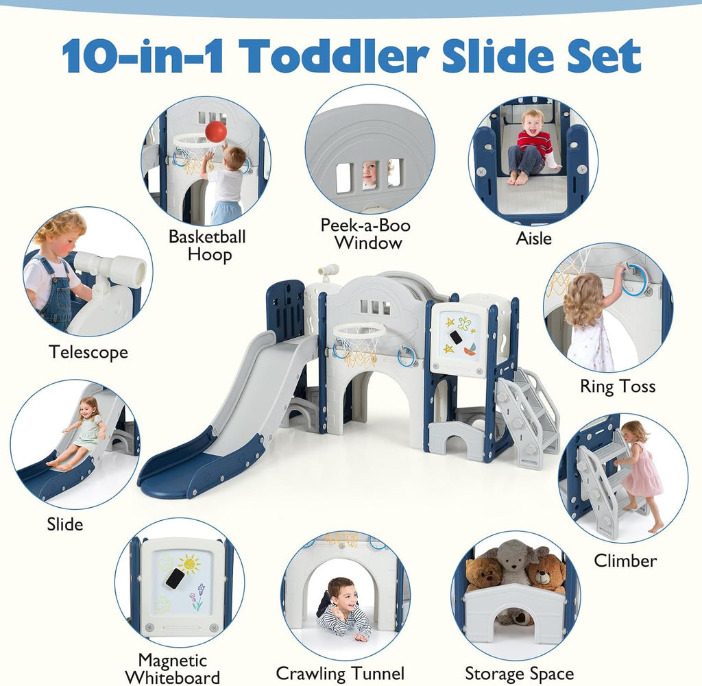 10 in 1 Toddler Slide Set, Kids Slide and Climber Playset with Magnetic Whiteboard, Ring Toss, Basketball Hoop