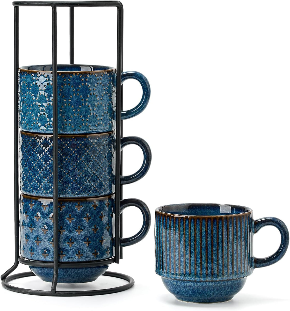 Large Ceramic Coffee Mug Set of 4 with Stand, 15 Oz Stackable Different Embossment Ribbed Latte Cup Set for