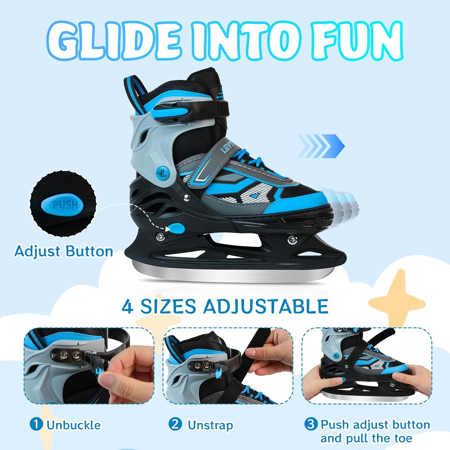 Adjustable ice Skates for Kids Boys Girls, 4 Size Triple Protection Beginner Figure Blades with Ankle Support for