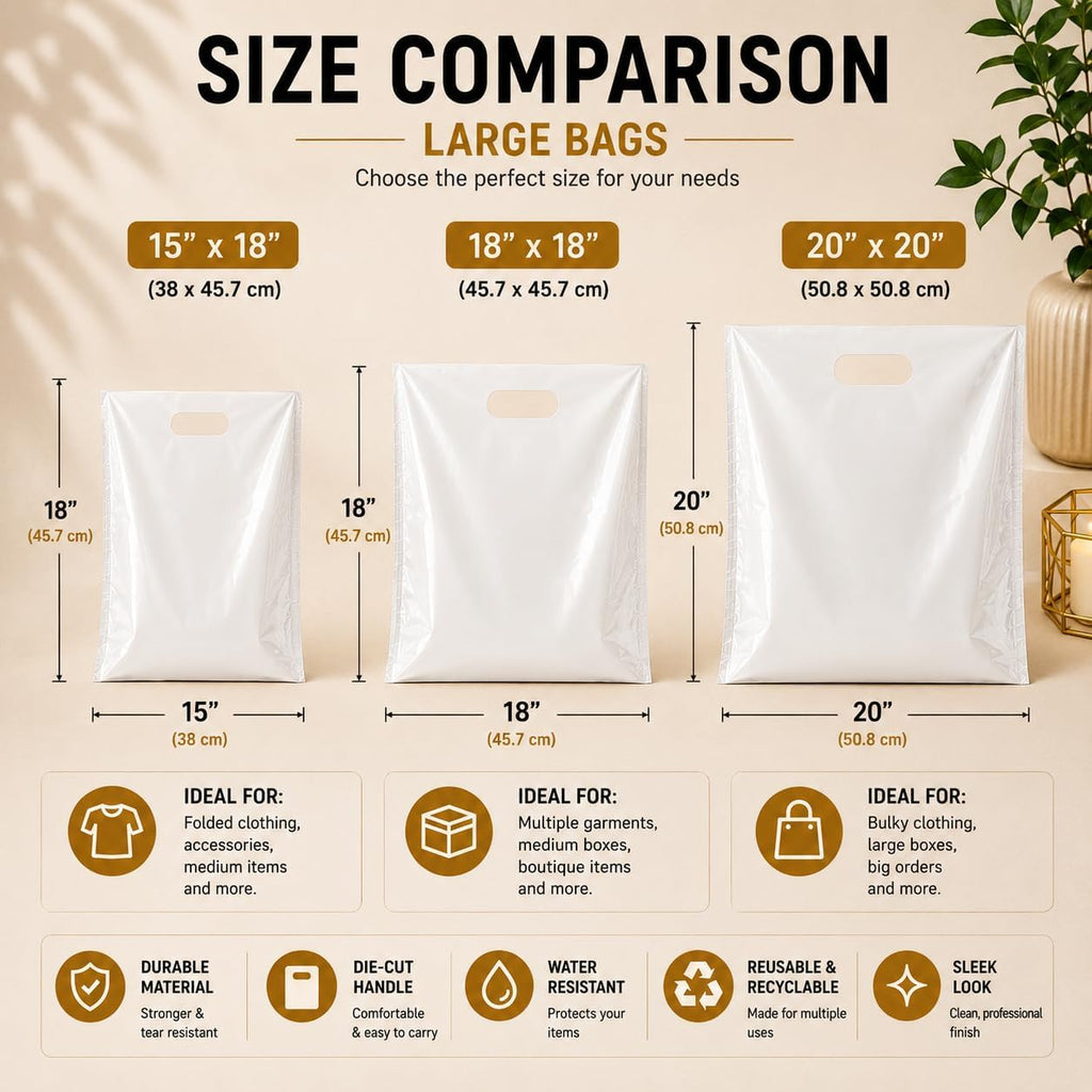 Large Plastic Merchandise Bags, Die Cut Handle Retail Shopping Bags, Glossy Poly Bags for Clothing, Shoe Boxes