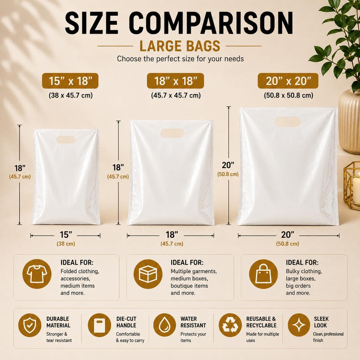 Large Plastic Merchandise Bags, Die Cut Handle Retail Shopping Bags, Glossy Poly Bags for Clothing, Shoe Boxes