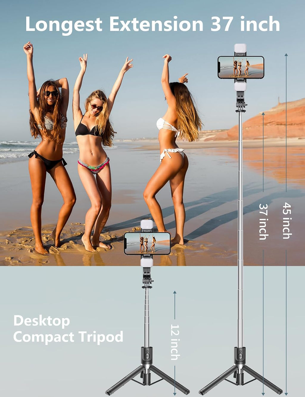 Selfie Stick Tripod with Light, 45'' Phone Tripod with Wireless Remote | Portable Travel Phone Tripod, Compatible