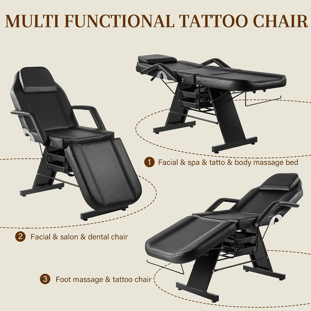Tattoo Chair for Client, Esthetician Facial Bed with Hydraulic Stool, Lash Massage Table with 2-Tray, Multi-Purpose