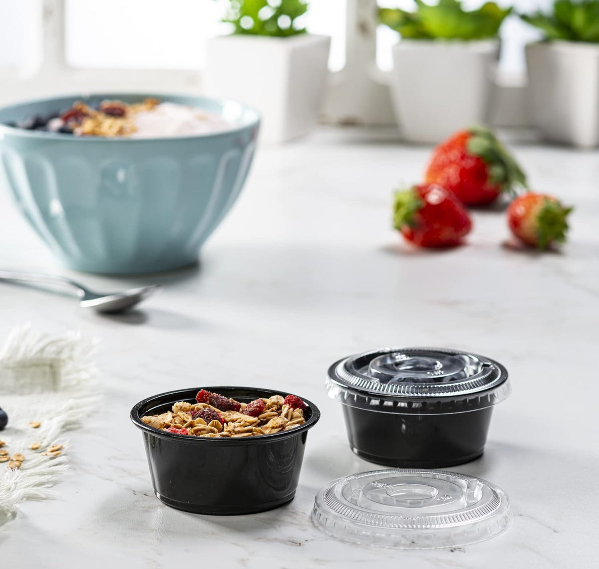 {3.25 oz - 100 Sets} Black Diposable Plastic Portion Cups With Lids, Small Mini Containers For Portion Controll