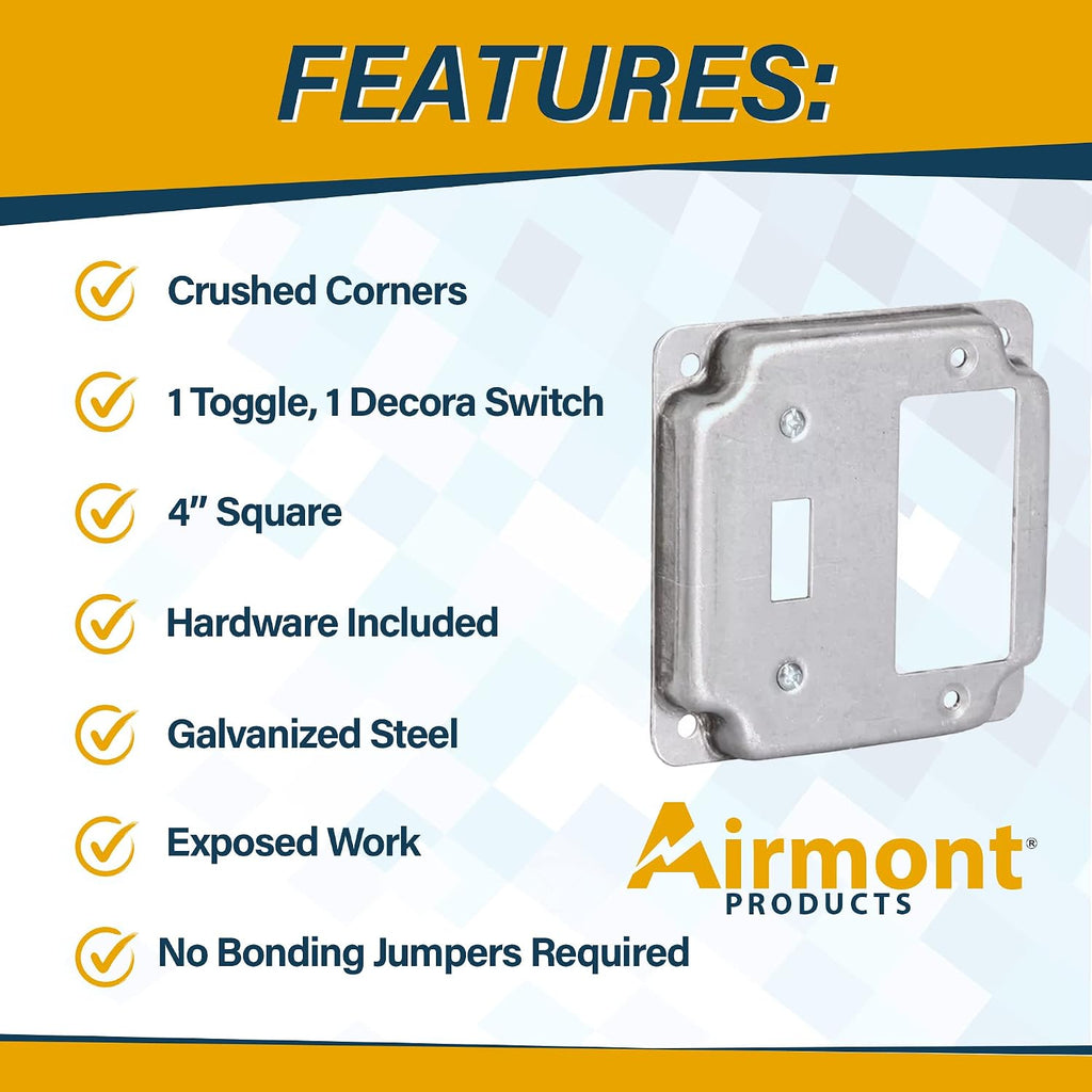 2-Gang Toggle & Rocker Electrical Box Cover, 4" Square, 1/2" Raised Steel