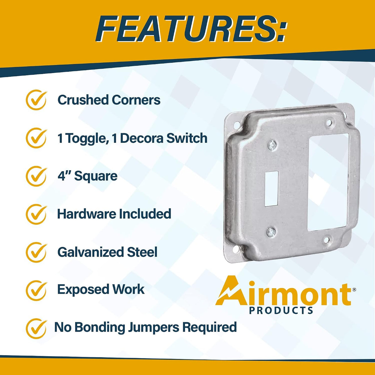 2-Gang Toggle & Rocker Electrical Box Cover, 4" Square, 1/2" Raised Steel