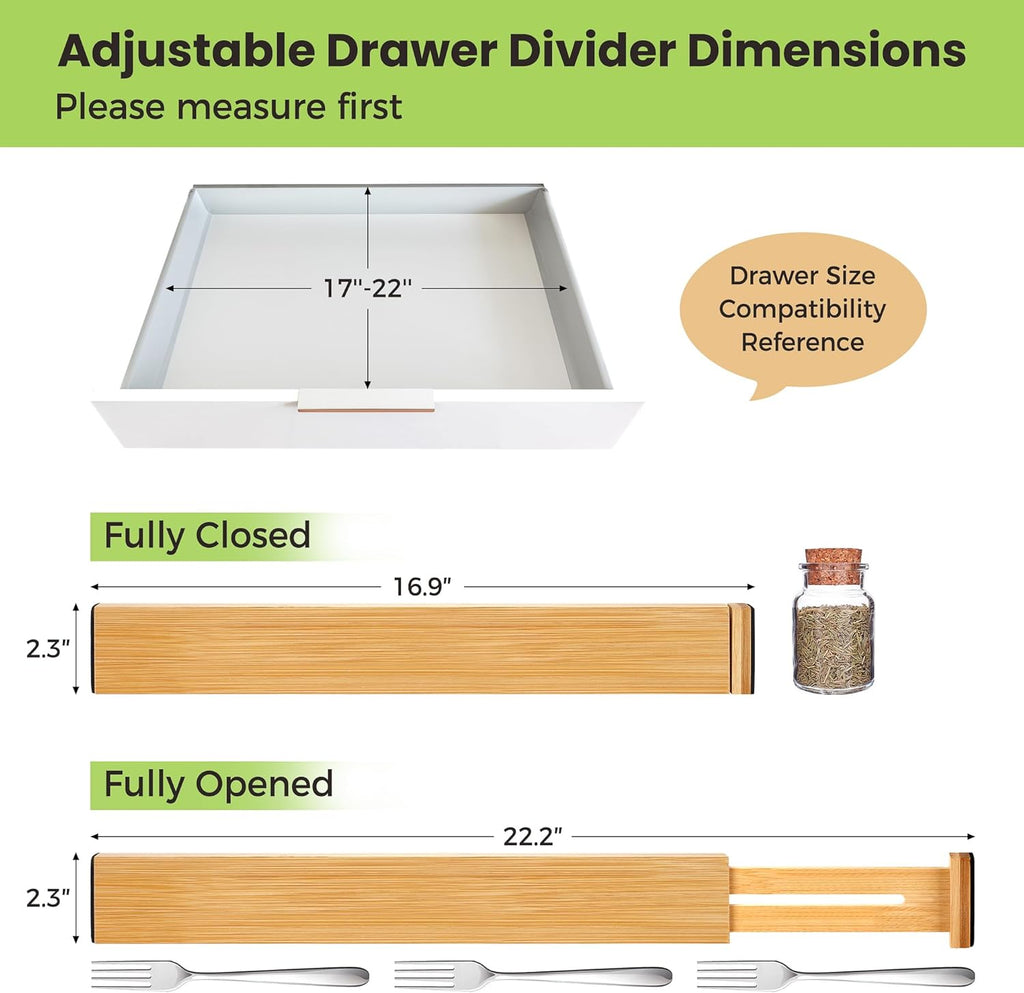 Drawer Divider, Adjustable Bamboo Kitchen Drawer Organizer, Spring Loaded Drawer Organizer, Dresser Separators for