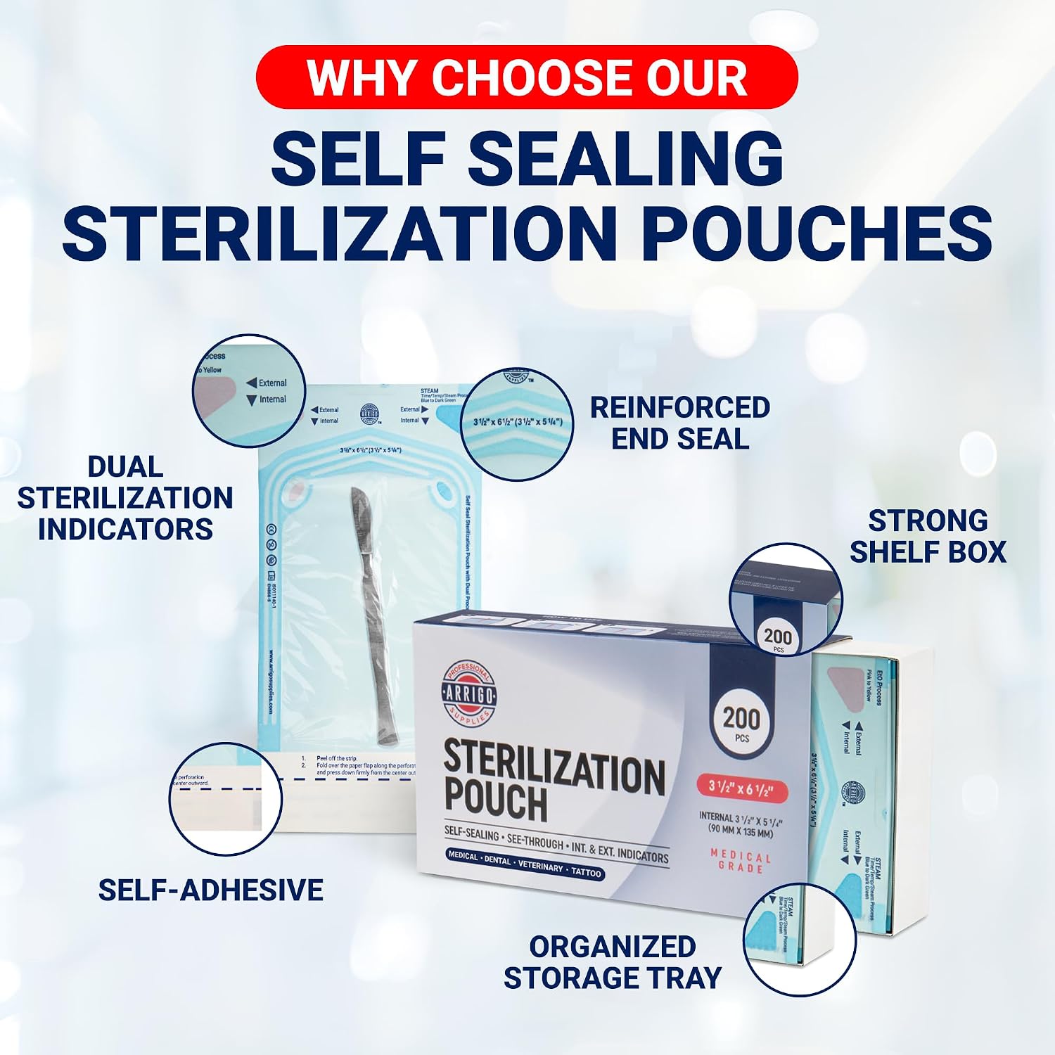 Arrigo Self-Sealing Sterilization Pouches 3.5" x 6.5" – 200 Count – Autoclave Bags with Internal & Dual (Int/Ext)