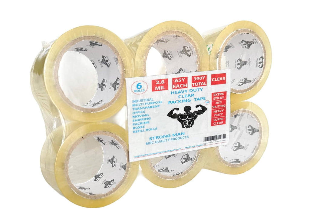 Strong Man Heavy Duty Packing Tape, 6 Rolls of 2.8 mil x 1.88 in x 65 Yards, Ultra Strong, Super Clear, Refill for