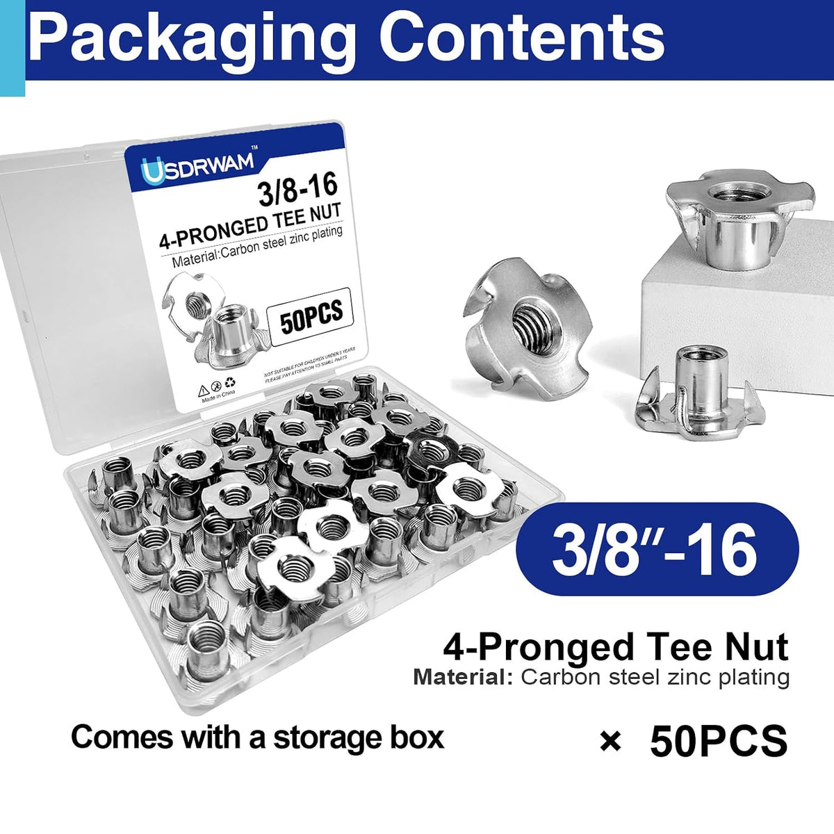 50PCS 3/8"-16 T Nuts for Wood, Zinc-Plated 4-Prong Tee Nuts