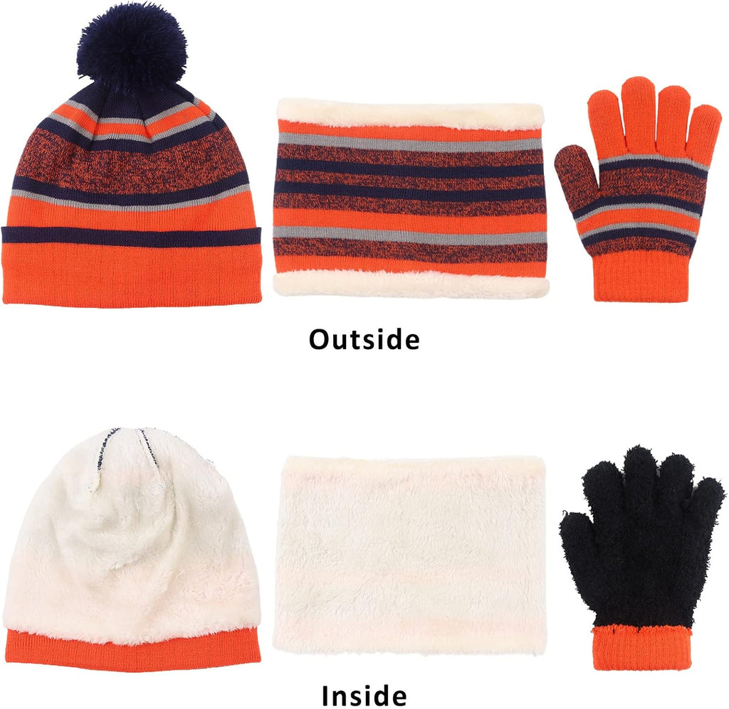 Winter Kids Hat Scarf Glove Set Knit Fleece Lined Beanie Neck Warmer Mittens for Toddler Boys Girls 3-8 Years