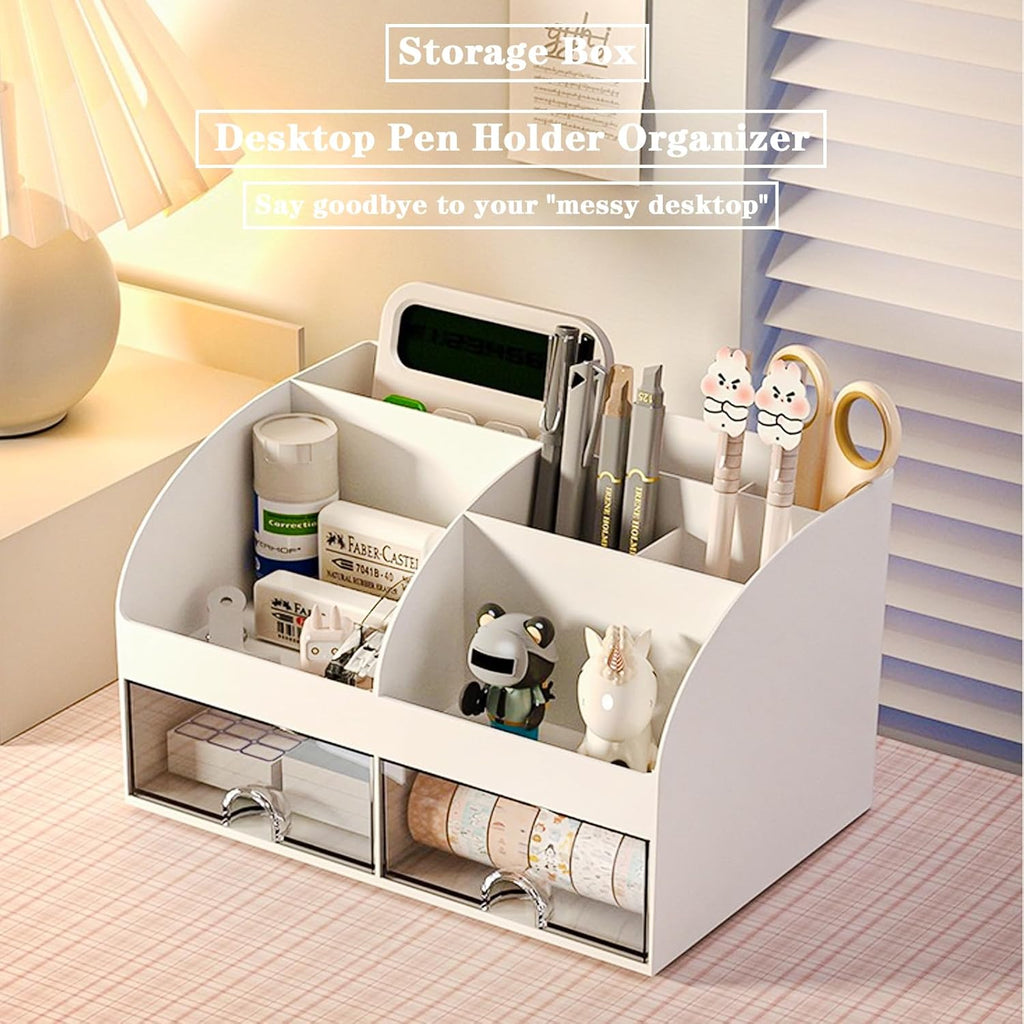 Desk Organizer with 6 Compartments and 2 Drawers, Plastic Makeup Organizer, Pen Holder for Desktop Storage, Desk