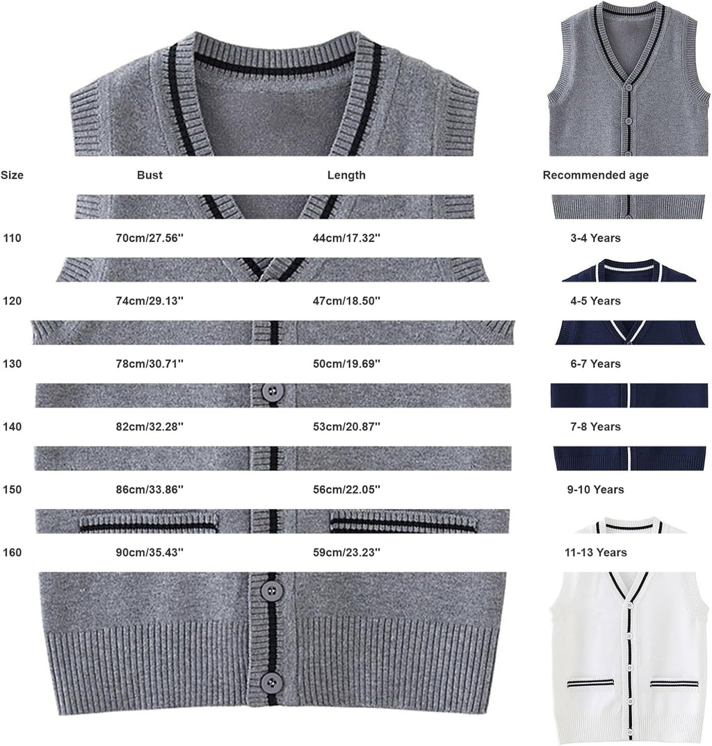 Kids School Uniform Sweater Vest V Neck Sleeveless Knit Cardigan Boys Back to School Button Knitted Tops with Pockets