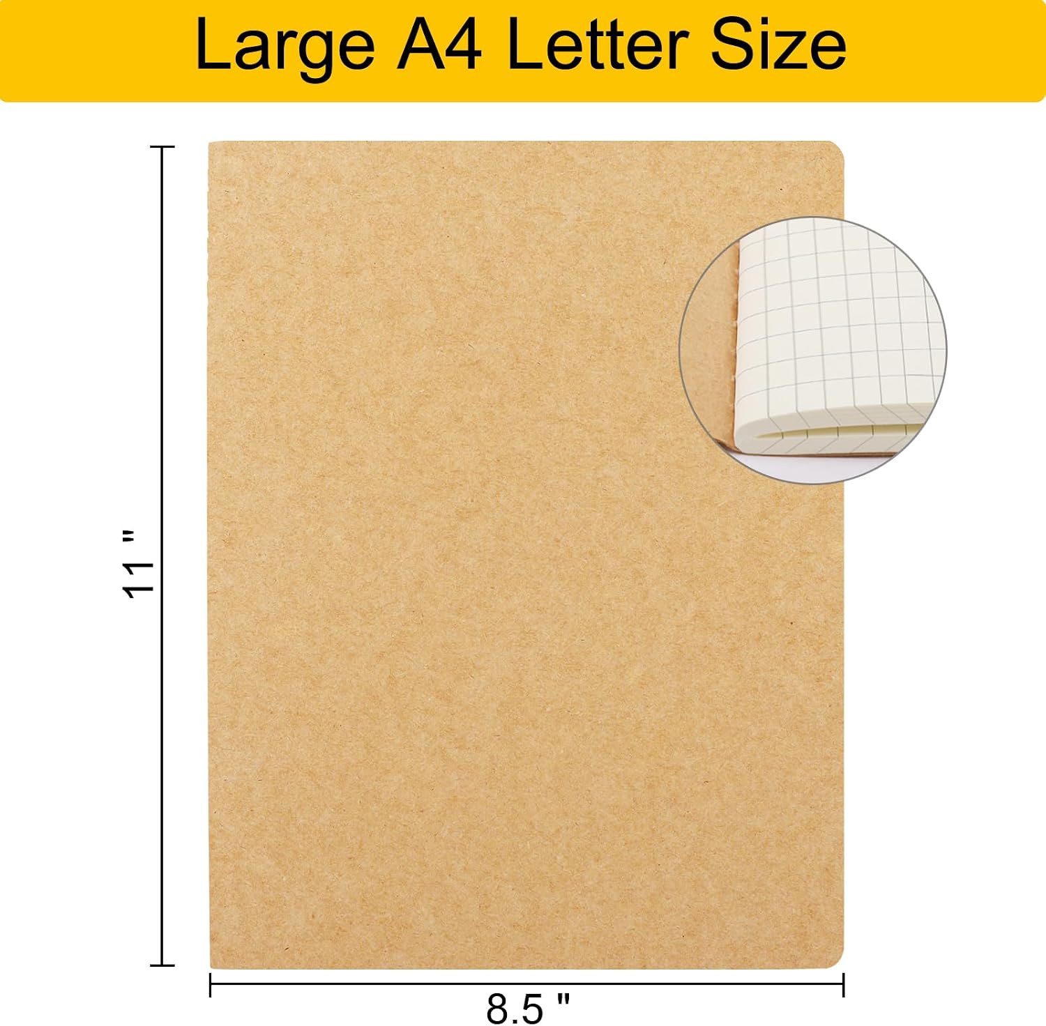 Graph Journal, 3 Packs Large A4 8.5" x 11" 40 Sheets/ 80 Pages, 100gsm Thick Paper Kraft Sketchbook Composition Diary