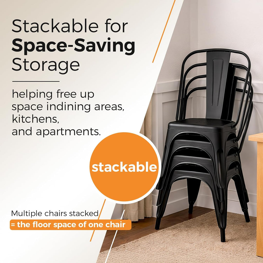 Metal Dining Chairs with Backrest, Stackable, Matte Black, 2 Pack