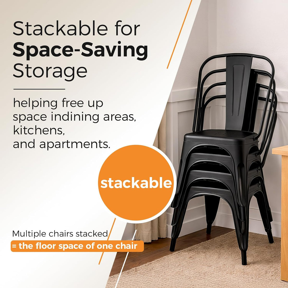 Metal Dining Chairs with Backrest, Stackable, Matte Black, 2 Pack