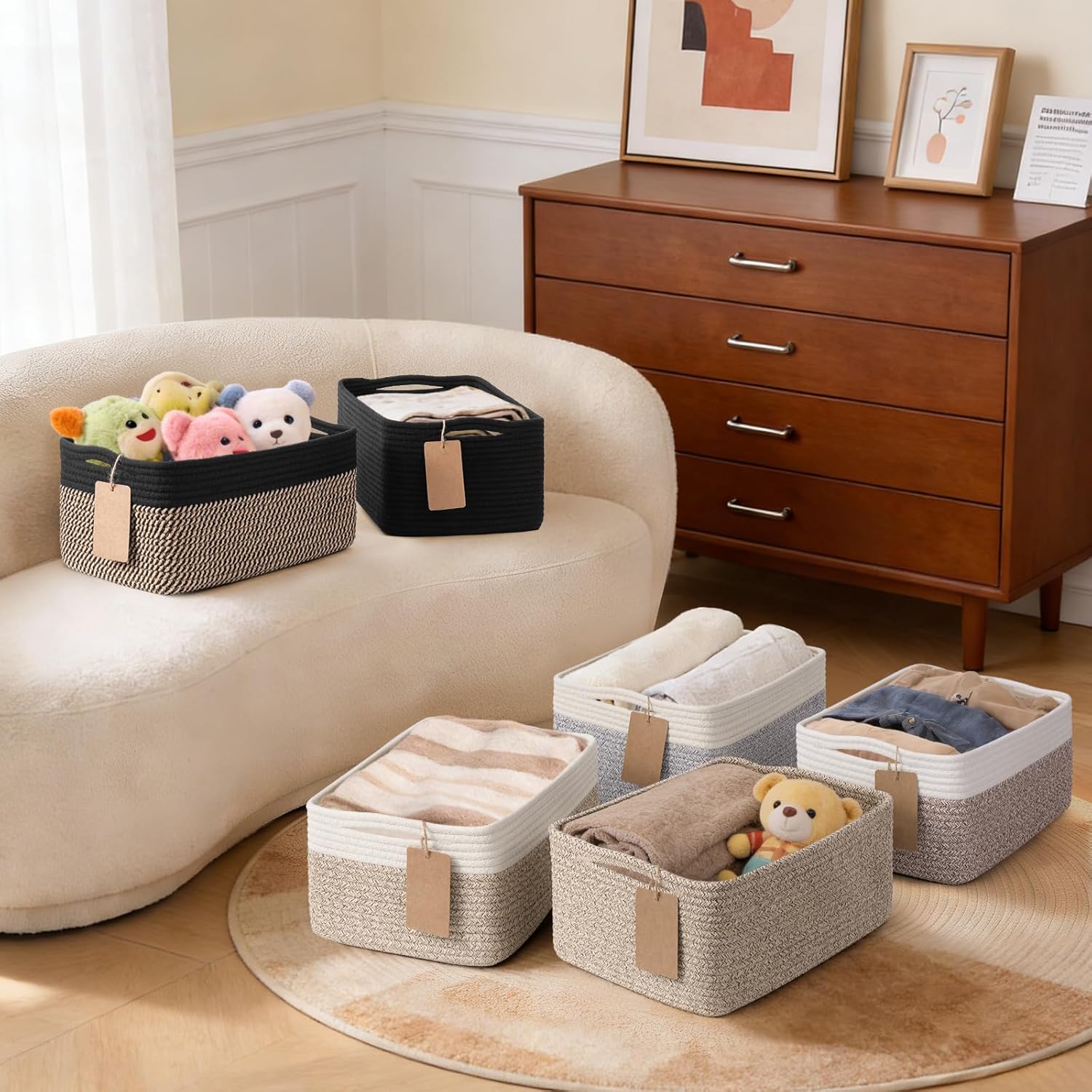 4 Pack Storage Baskets for Shelves, Rectangle Woven Baskets for Organizing, Cotton Rope Storage Bins for Baby Toys